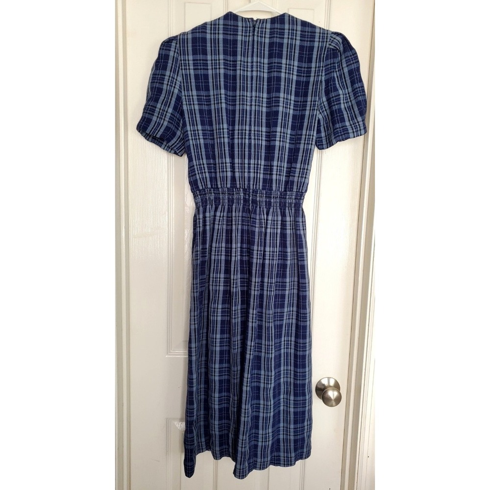 Miss Dorby Plaid Midi Dress Blue Smocked Waist Vintage 90s Cottagecore 6P - Picture 4 of 8